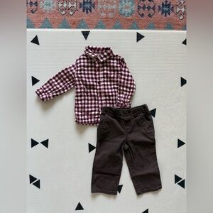 Cat & Jack|Baby boy,toddler outfit,brown pants & burgundy gingham top•••18M